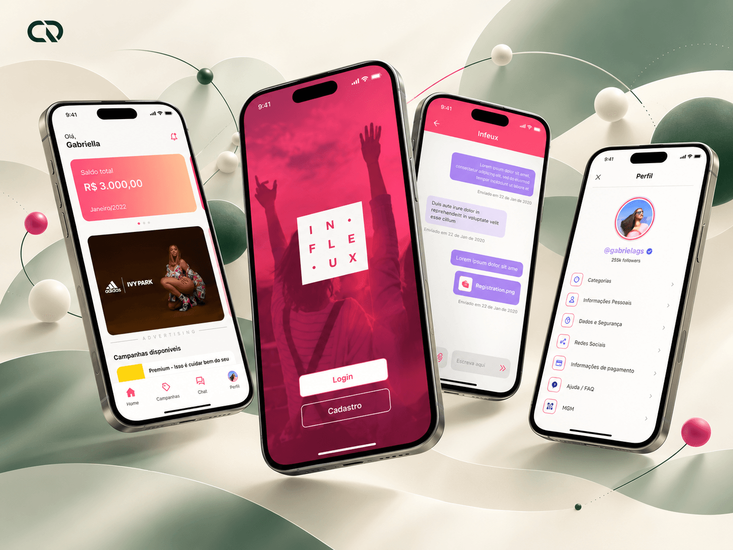 Aplicativo Infleux em celulares, com campanhas, comunicação e perfil.